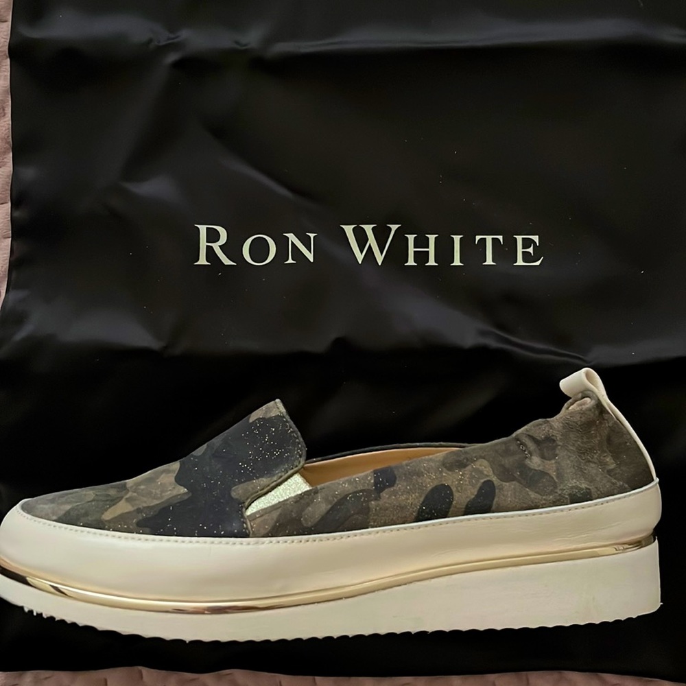 Ron White, slip on shoes. Printed suede size 6.5 /37